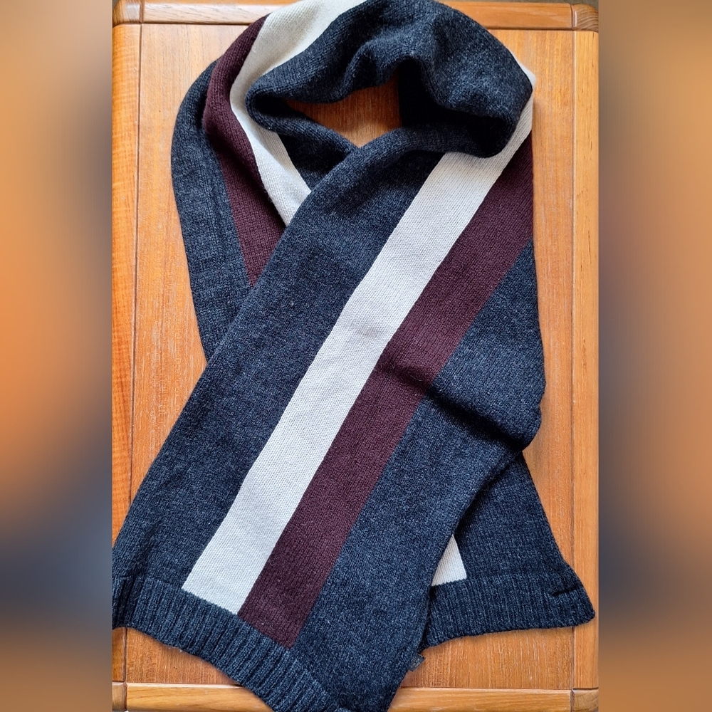 Banana Republic Lambswool Scarf Rugby Stripes Burgundy Gray Preppy Academia Mens